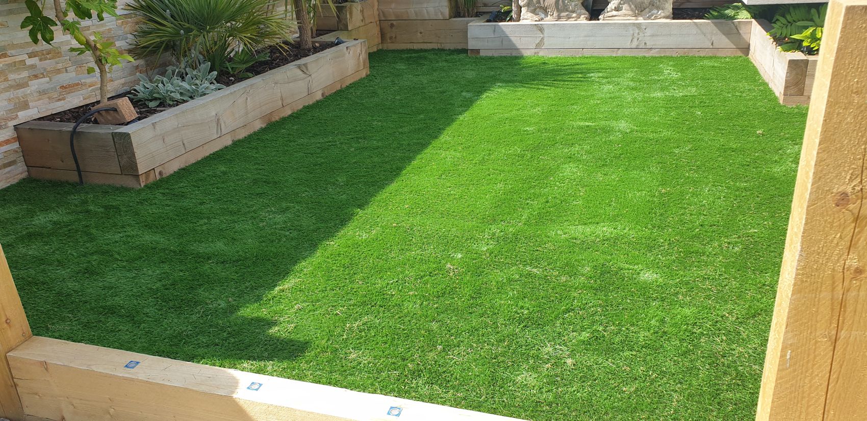 Low-maintenance lawn between raised beds